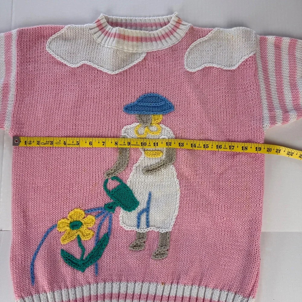 Koret Petites Vintage Pink Gardening Novelty Knit Short Sleeve‎ Sweater Medium